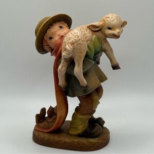 Vintage Anri “The Stray”, Boy Carrying Lamb, Rabbit & Squirrel, Hand-Carved Wood